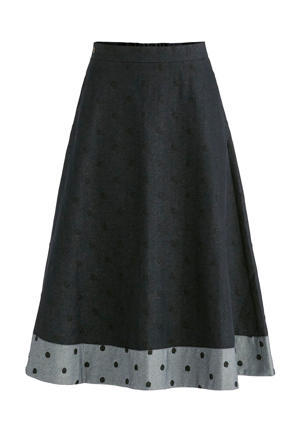 Embroidered Polka Dot A-Line Denim Skirt with Contrast Hem in Dark Denim Blue Cutout