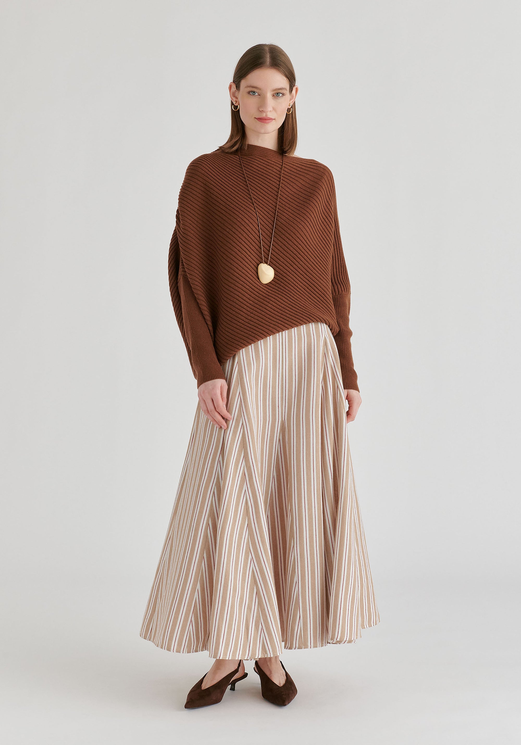 Striped Flared Maxi Skirt with Godet Paneling in Beige Stripes Front