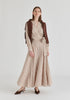 Striped Flared Maxi Skirt with Godet Paneling in Beige Stripes Front