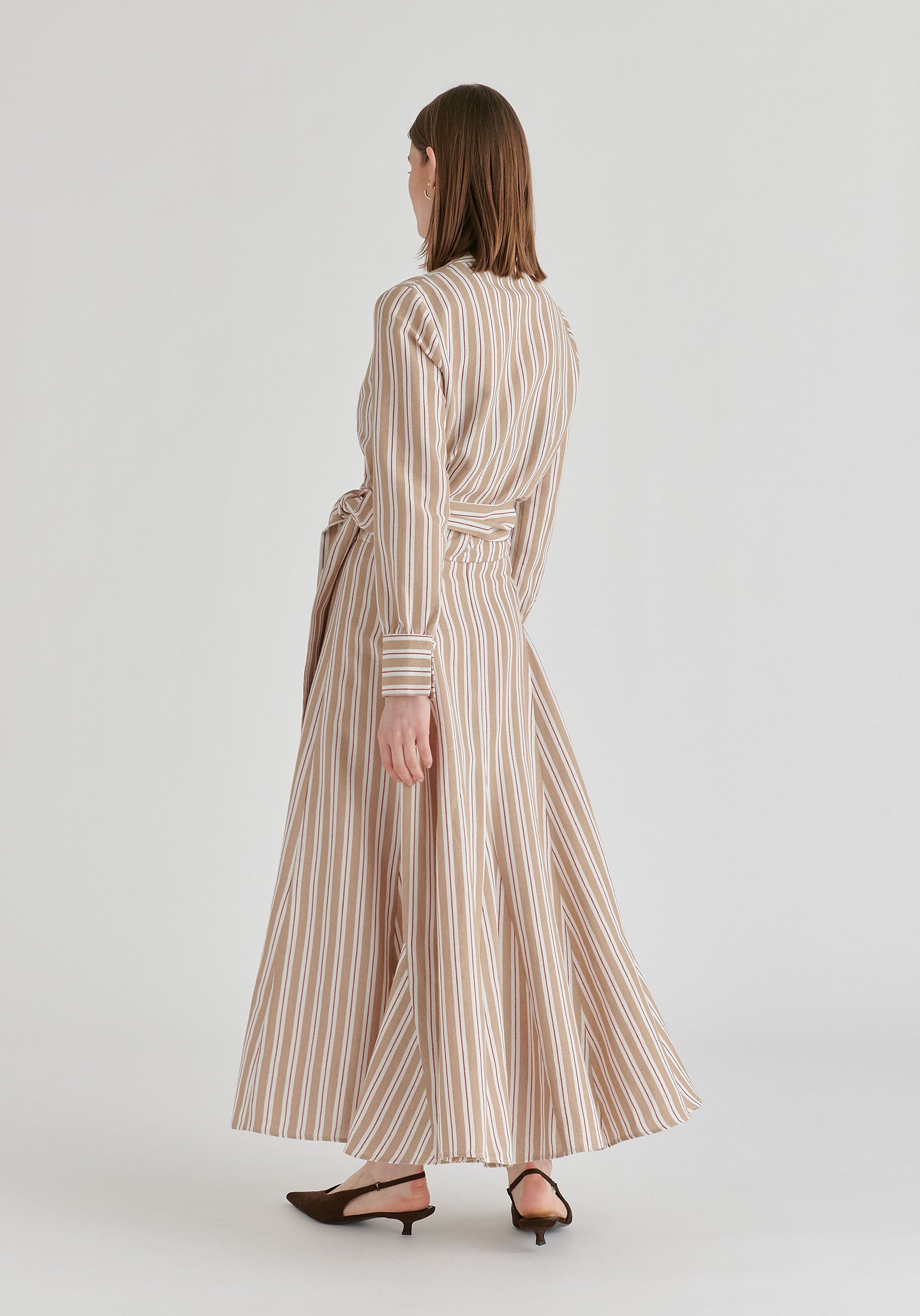 Striped Flared Maxi Skirt with Godet Paneling in Beige Stripes Back