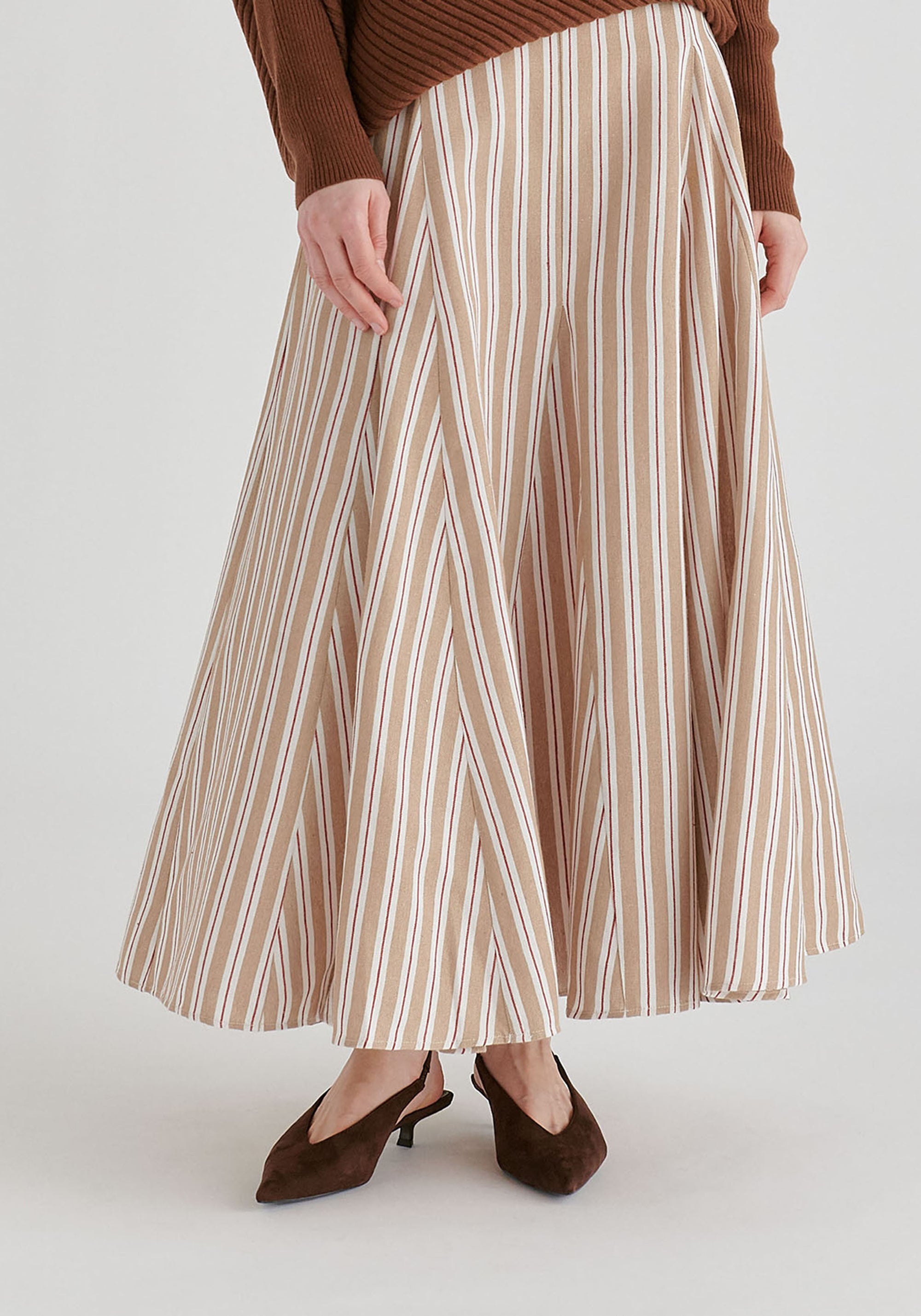 Striped Flared Maxi Skirt with Godet Paneling in Beige Stripes Closeup