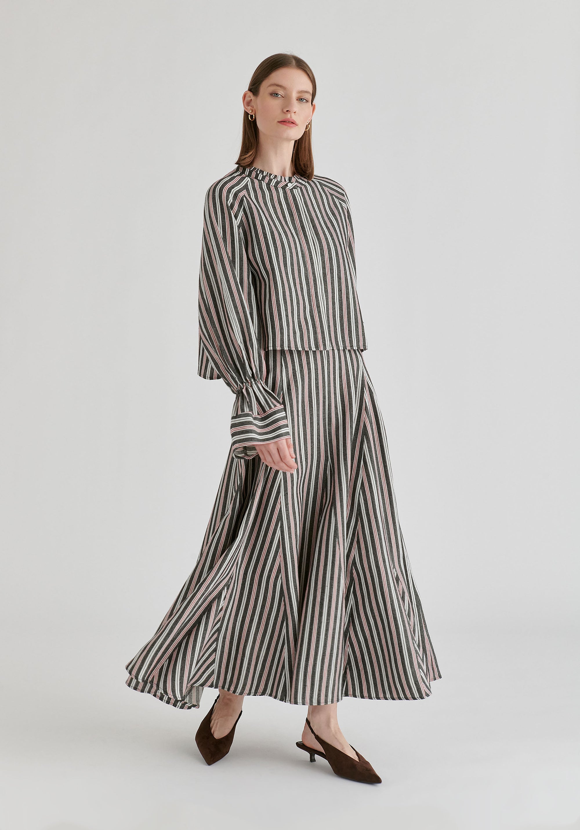 Striped Flared Maxi Skirt with Godet Paneling in Black Stripes Side