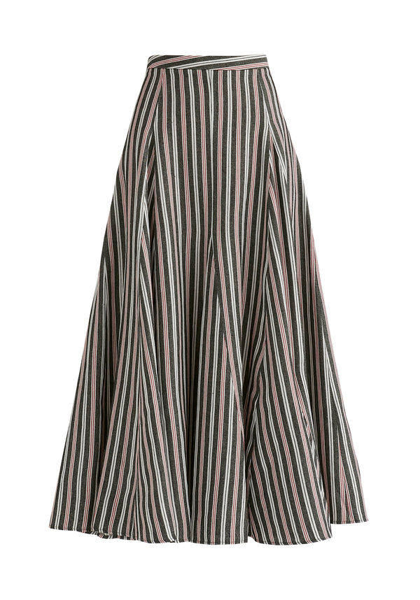 Striped Flared Maxi Skirt with Godet Paneling in Black Stripes Cutout