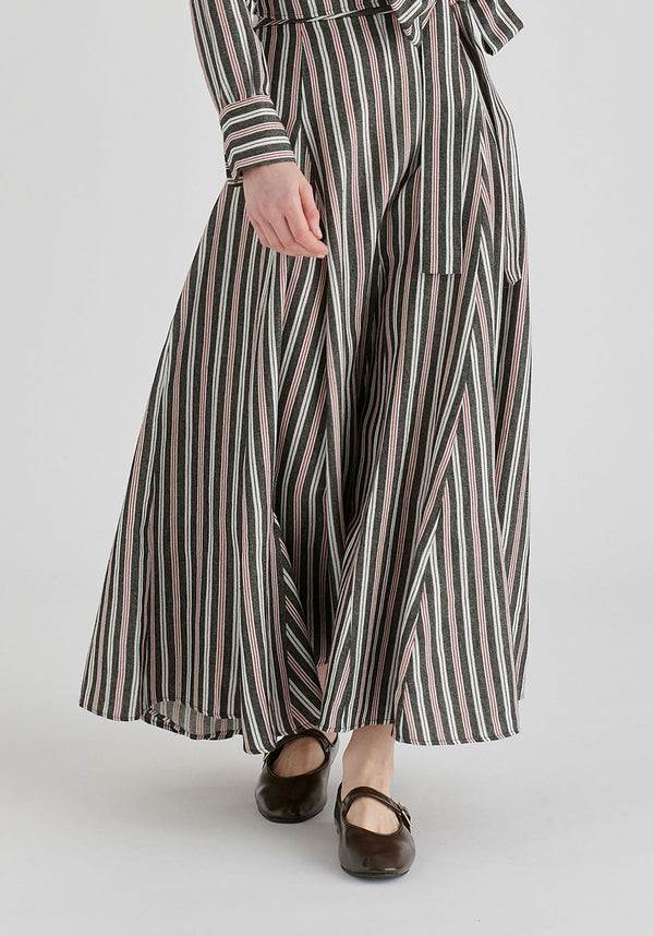 Striped Flared Maxi Skirt with Godet Paneling in Black Stripes Closeup