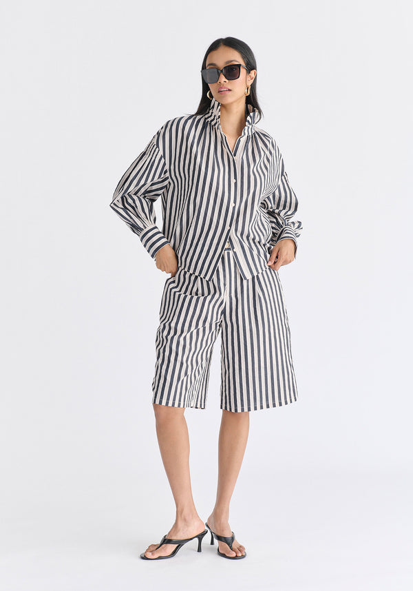 Striped Bermuda Shorts in Cream and Black Front