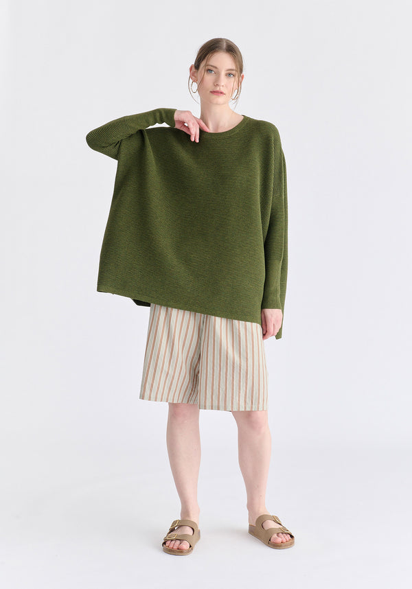 Striped Bermuda Shorts in Taupe and Green Front
