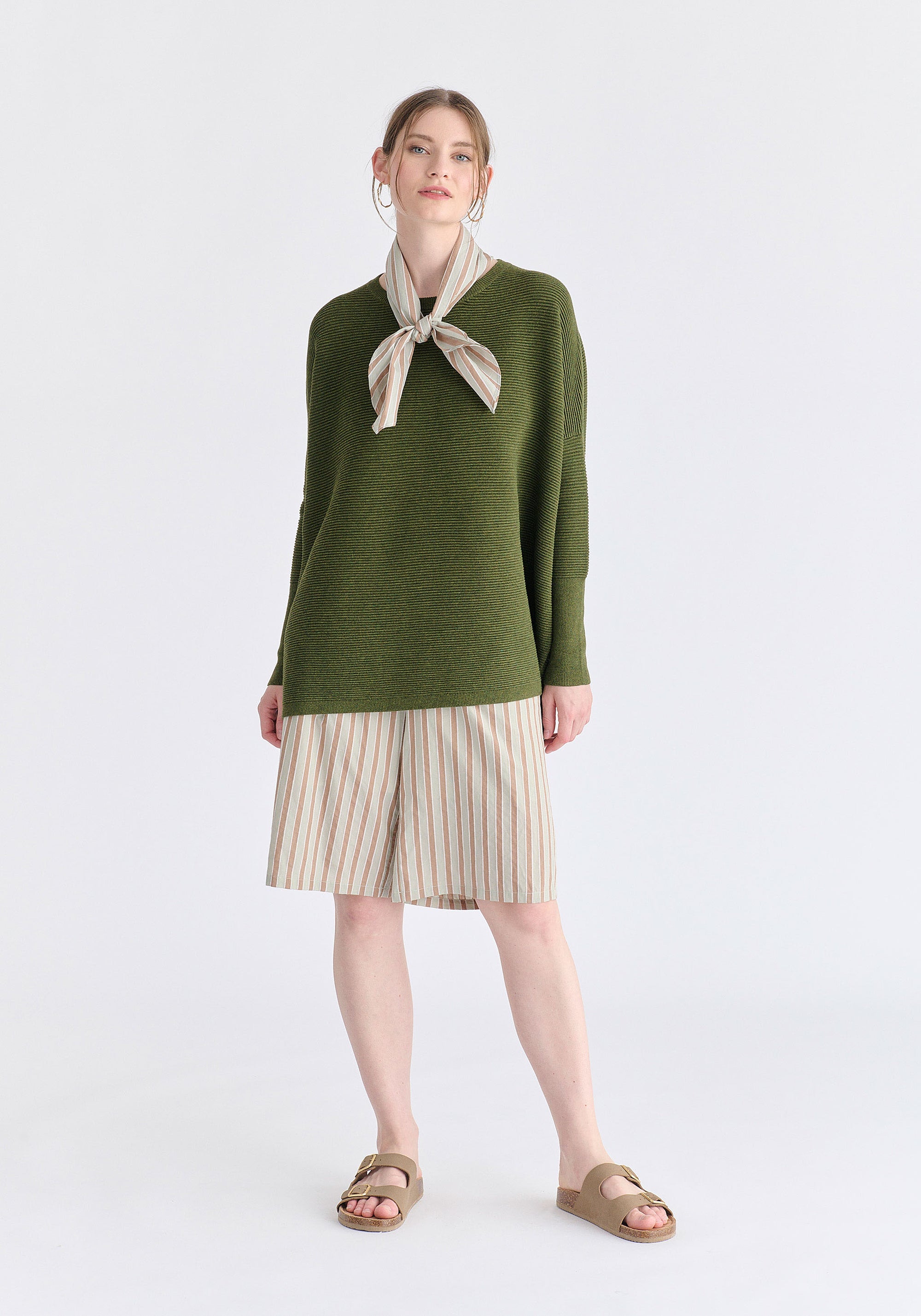 Striped Bermuda Shorts in Taupe and Green Front