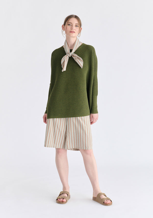Striped Bermuda Shorts in Taupe and Green Front
