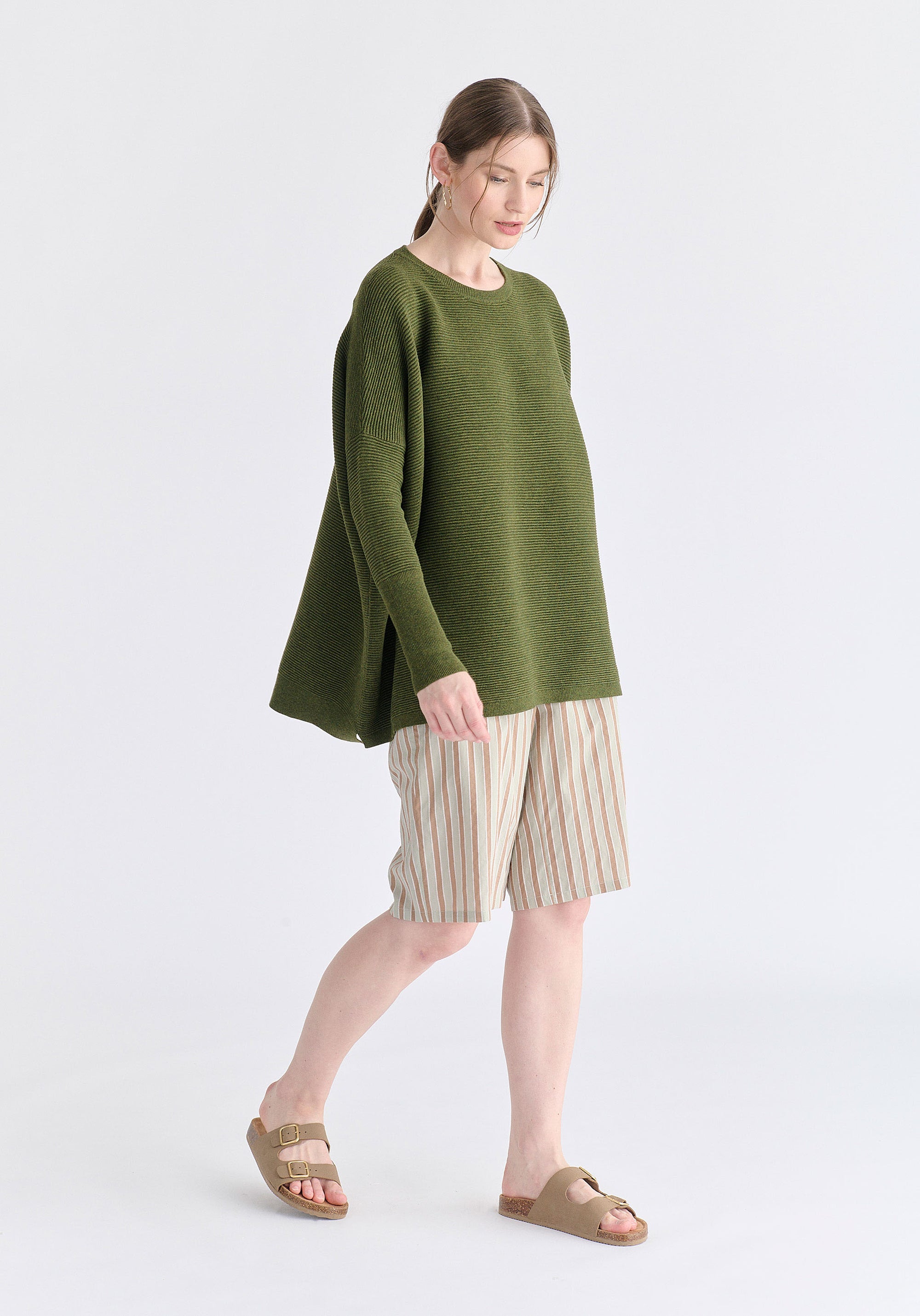 Striped Bermuda Shorts in Taupe and Green Side