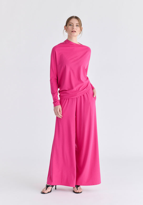 Wide Leg Lyocell Jersey Trousers in Hot Pink Front