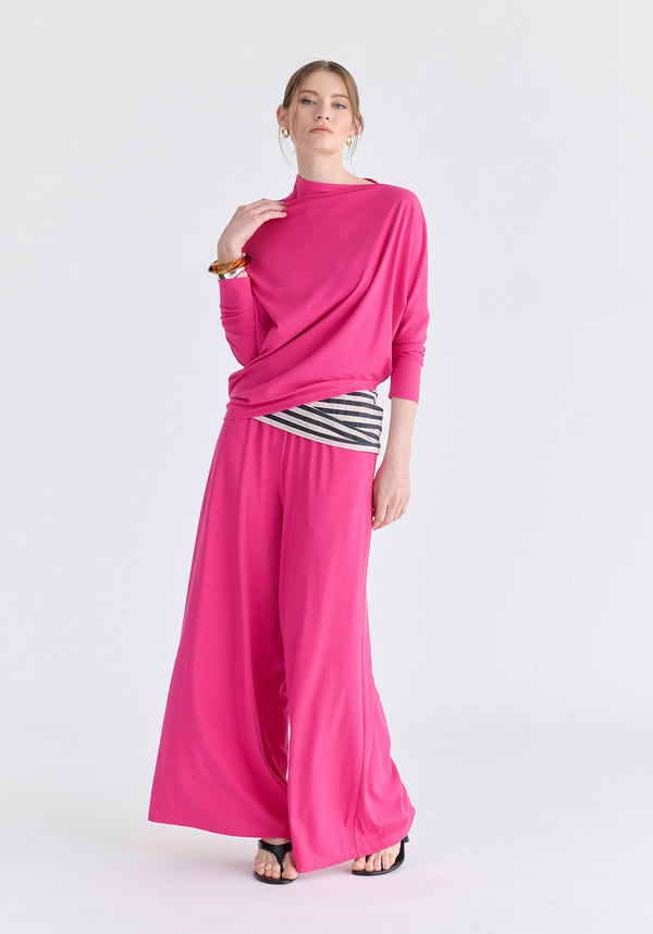 Wide Leg Lyocell Jersey Trousers in Hot Pink Front