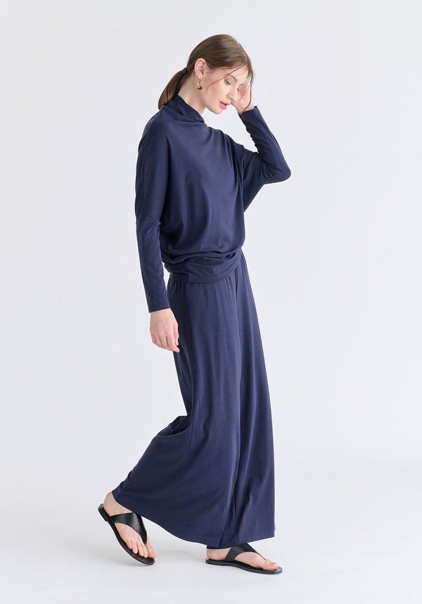 Wide Leg Lyocell Jersey Trousers in Navy Side