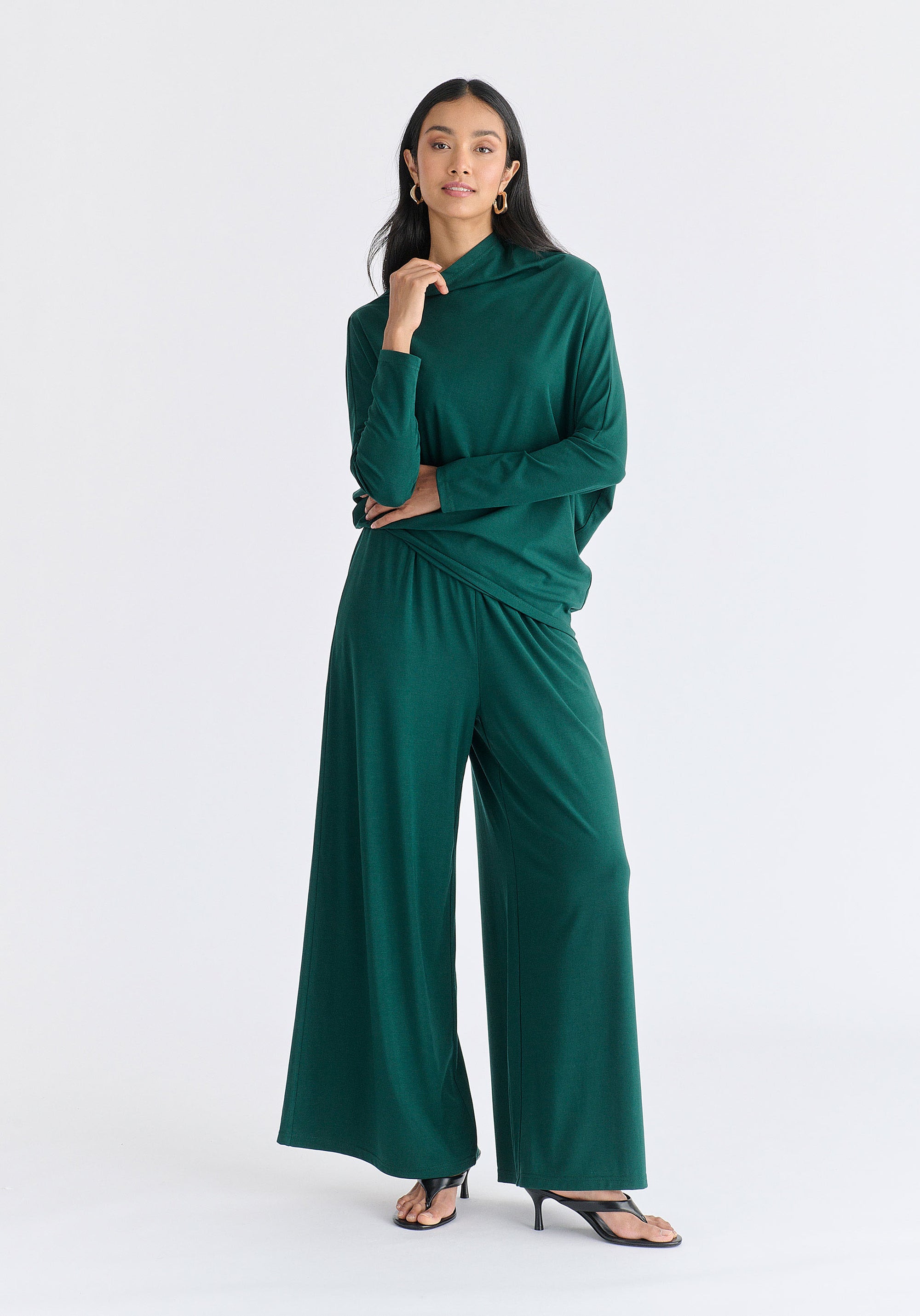 Wide Leg Lyocell Jersey Trousers in Green Front