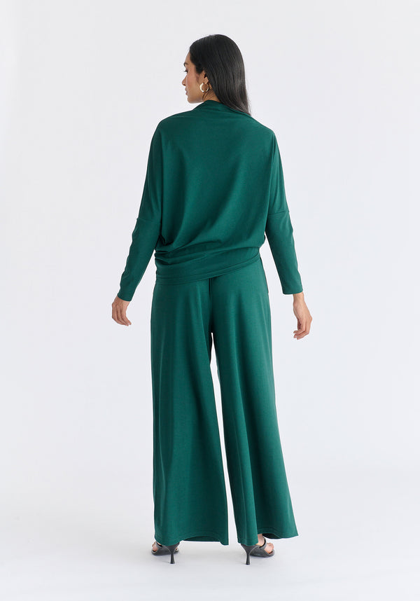Wide Leg Lyocell Jersey Trousers in Green Back