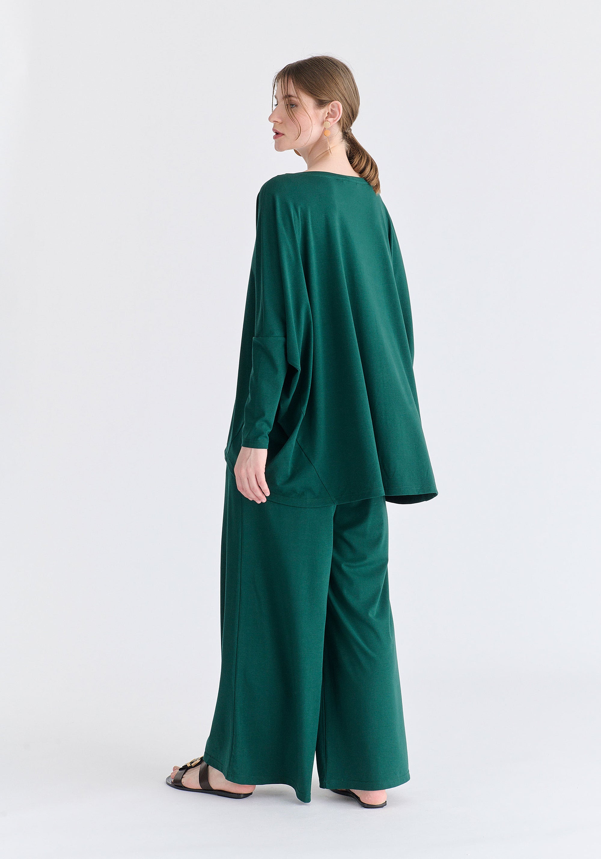 Wide Leg Lyocell Jersey Trousers in Green Back