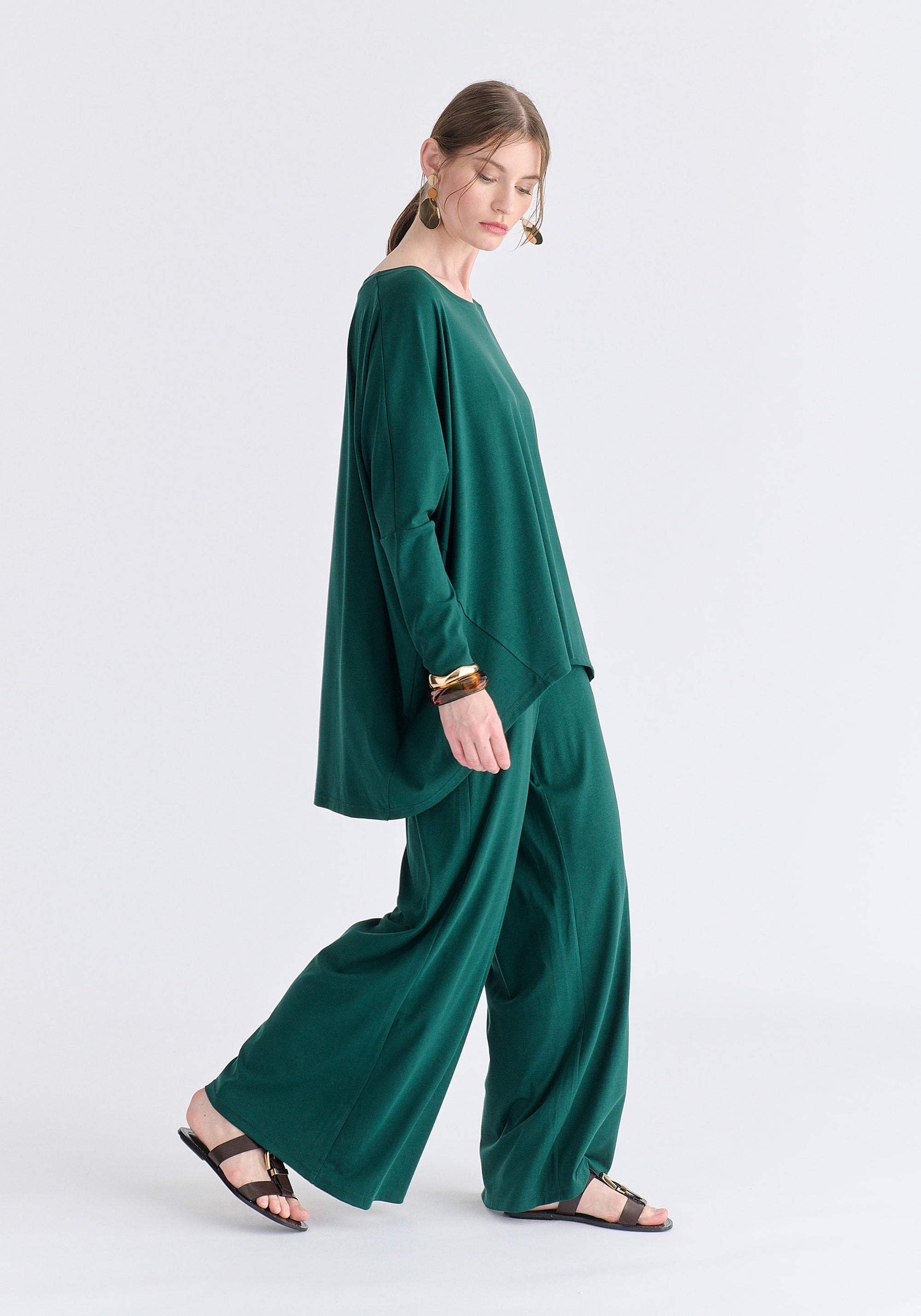 Wide Leg Lyocell Jersey Trousers in Green Side