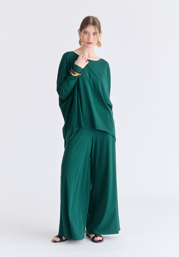 Wide Leg Lyocell Jersey Trousers in Green Front