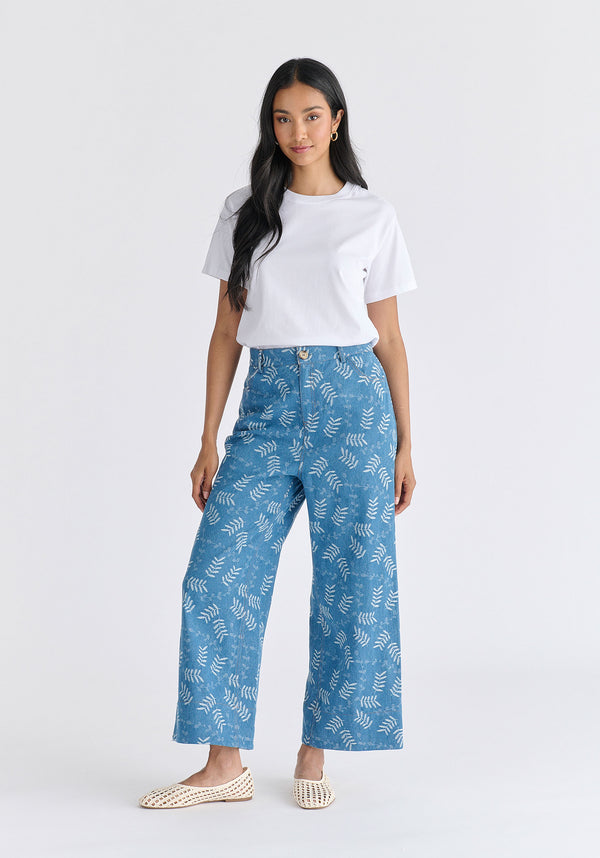 Wide Leg Denim Trousers in Leaf Pattern