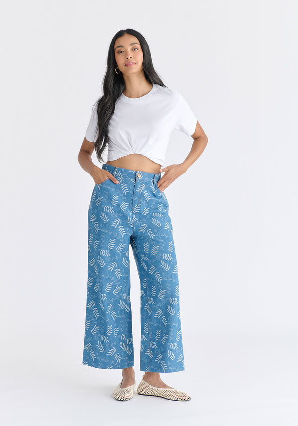 Wide Leg Denim Trousers in Leaf Pattern