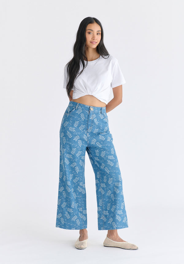 Wide Leg Denim Trousers in Leaf Pattern