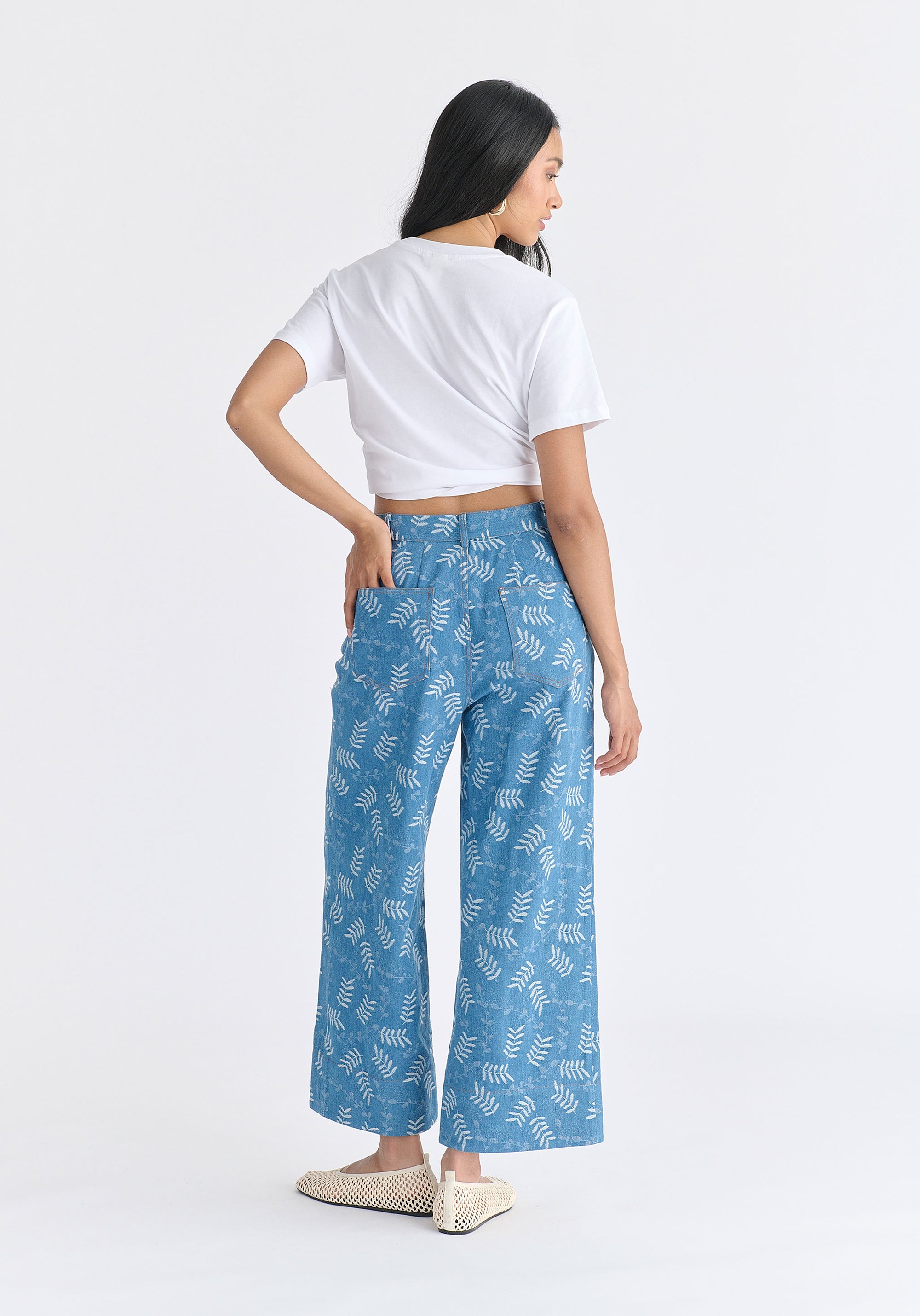 Wide Leg Denim Trousers in Leaf Pattern