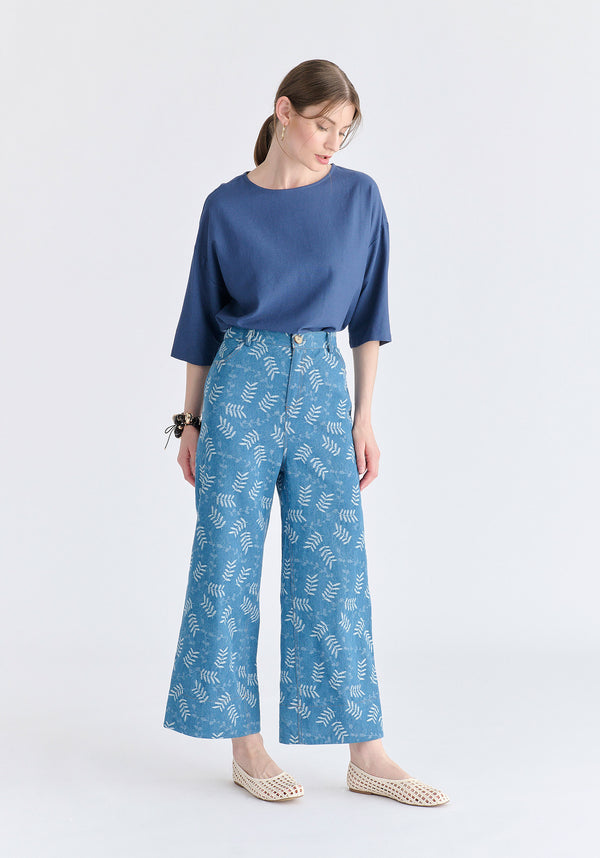 Wide Leg Denim Trousers in Leaf Pattern