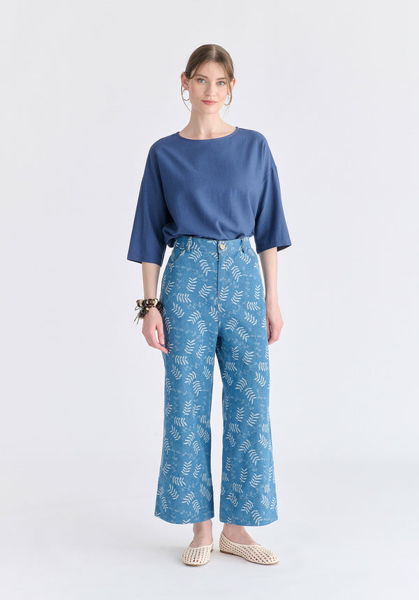 Wide Leg Denim Trousers in Leaf Pattern