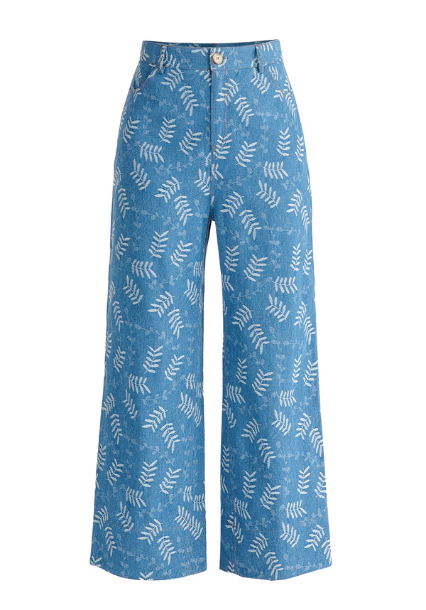 Wide Leg Denim Trousers in Leaf Pattern