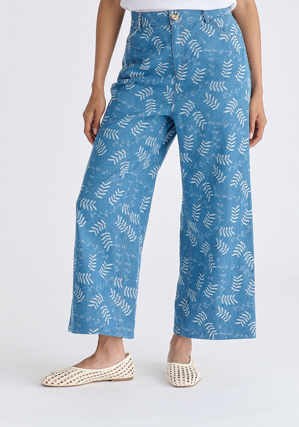 Wide Leg Denim Trousers in Leaf Pattern