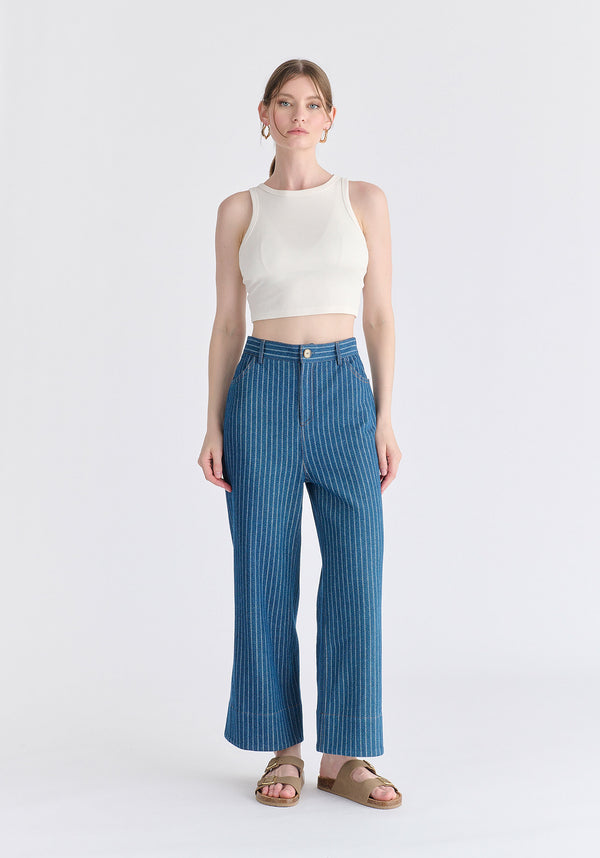 Wide Leg Denim Trousers in Stripes