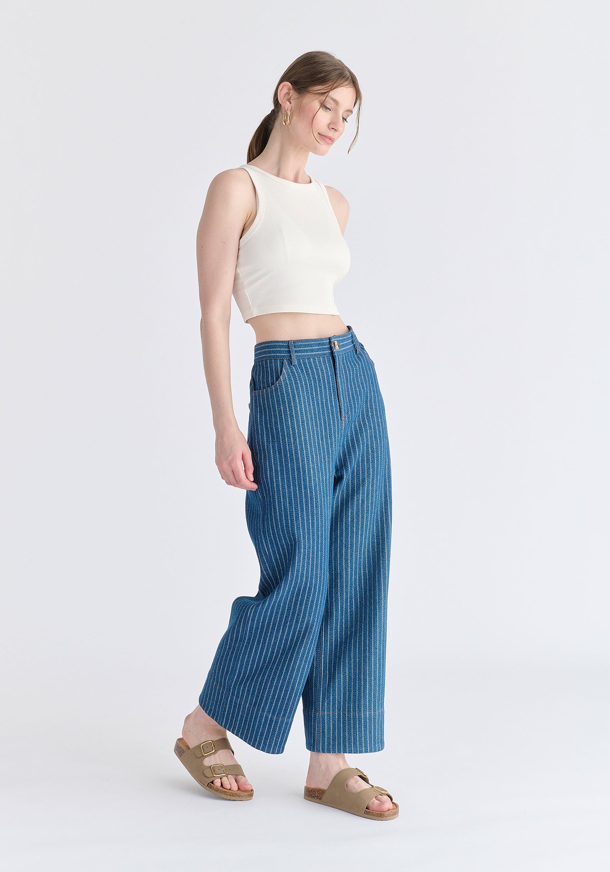 Wide Leg Denim Trousers in Stripes