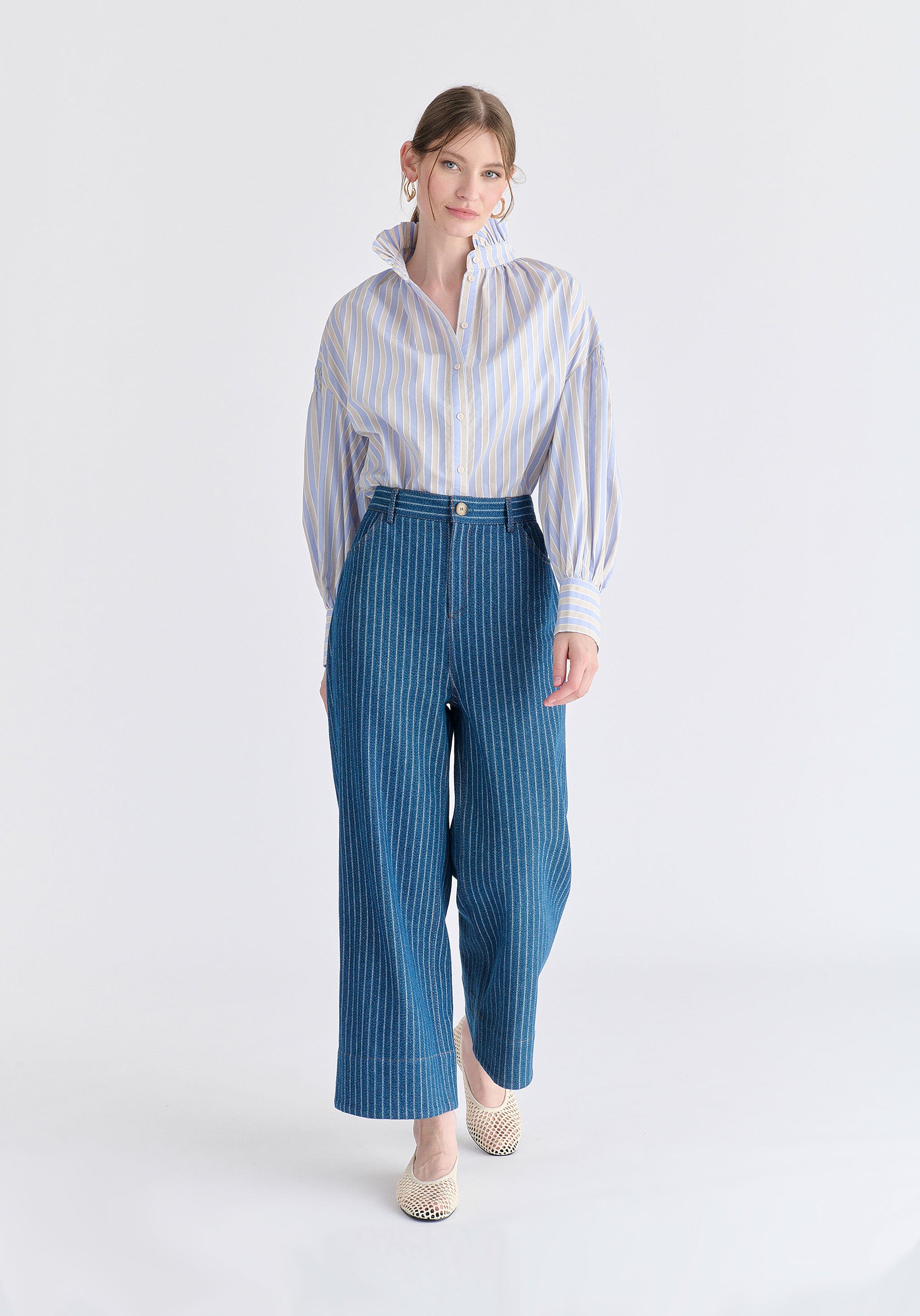 Wide Leg Denim Trousers in Stripes