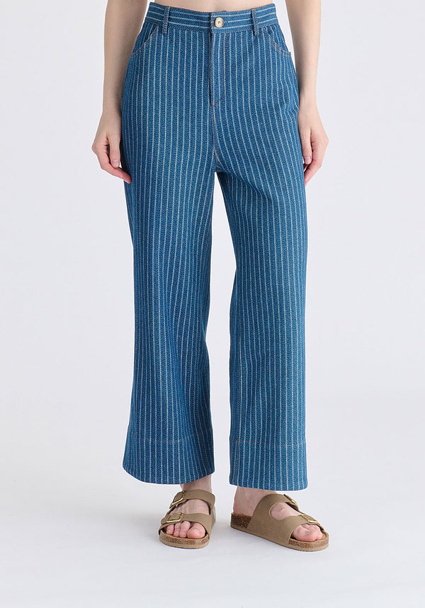 Wide Leg Denim Trousers in Stripes