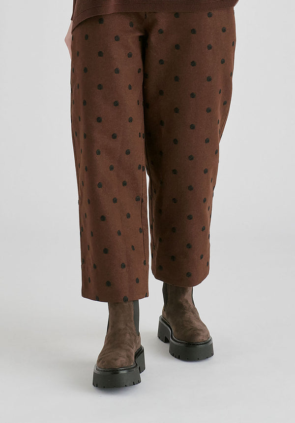 Embroidered Polka Dots Denim Barrel Trousers in Denim Brown Closeup