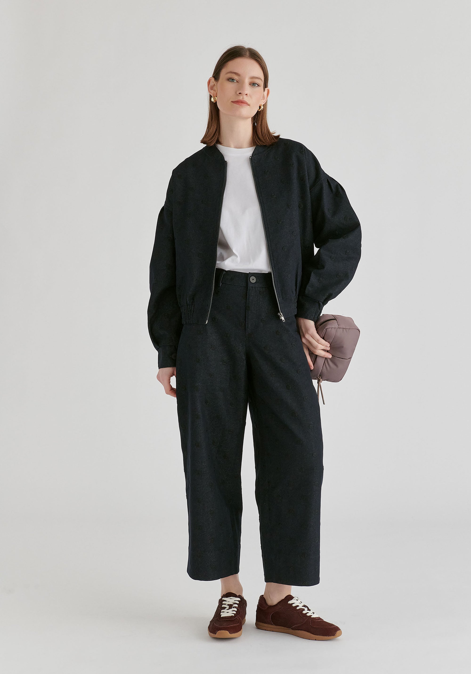 Embroidered Polka Dots Denim Barrel Trousers
