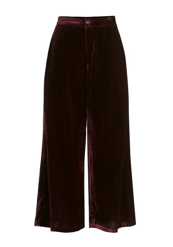 Velvet Wide-Leg Trousers with Separate Elastic Ankle Bands in Wine Cutout