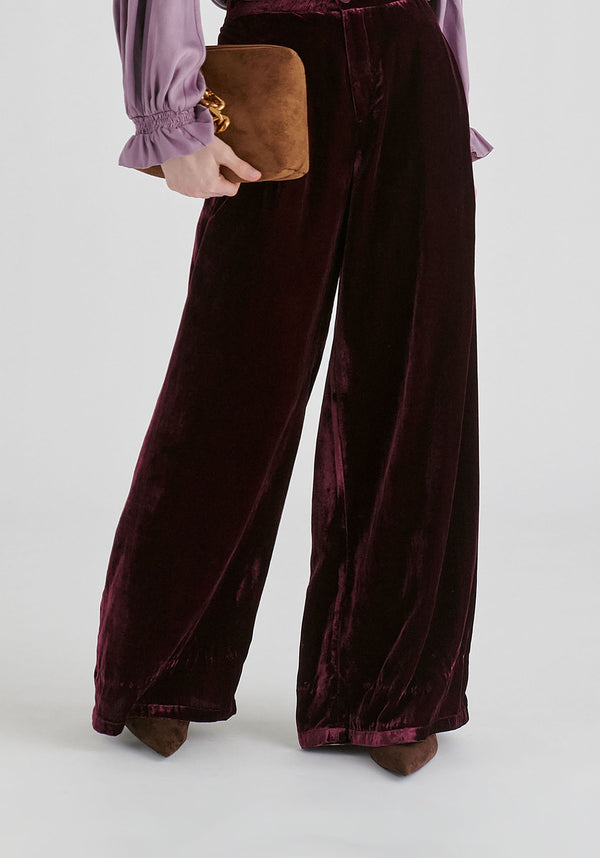 Velvet Wide-Leg Trousers with Separate Elastic Ankle Bands in Wine Closeup