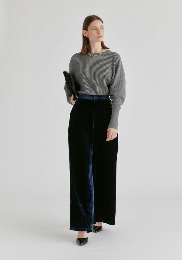 Velvet Wide-Leg Trousers with Separate Elastic Ankle Bands in Navy Front