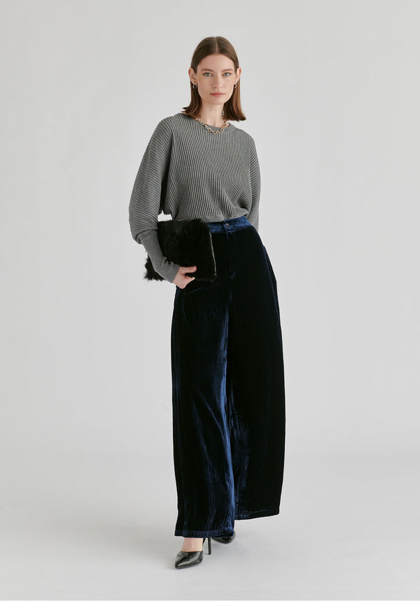 Velvet Wide-Leg Trousers with Separate Elastic Ankle Bands in Navy Front