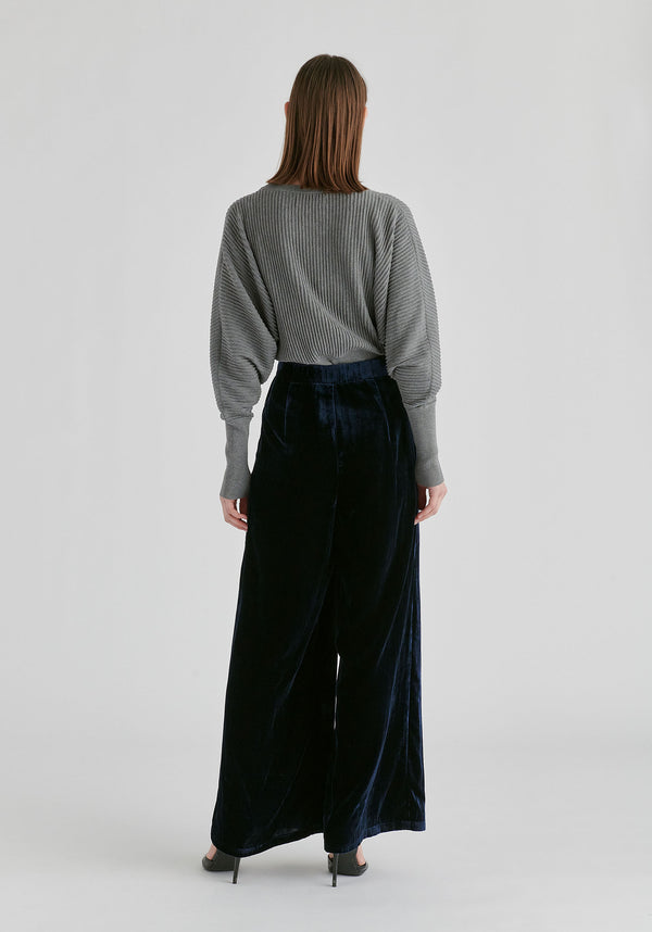 Velvet Wide-Leg Trousers with Separate Elastic Ankle Bands in Navy Back