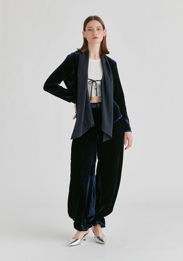Velvet Wide-Leg Trousers with Separate Elastic Ankle Bands in Navy Front