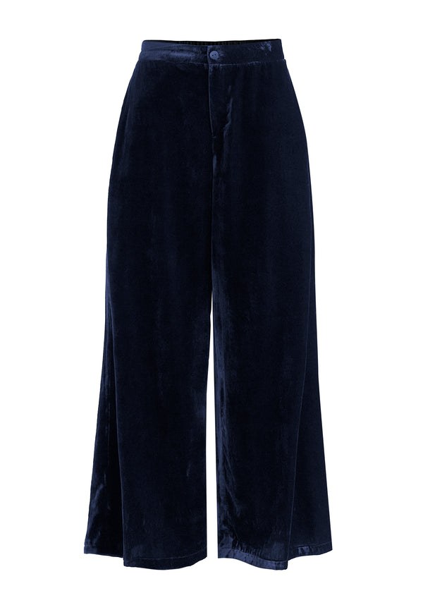 Velvet Wide-Leg Trousers with Separate Elastic Ankle Bands in Navy Cutout