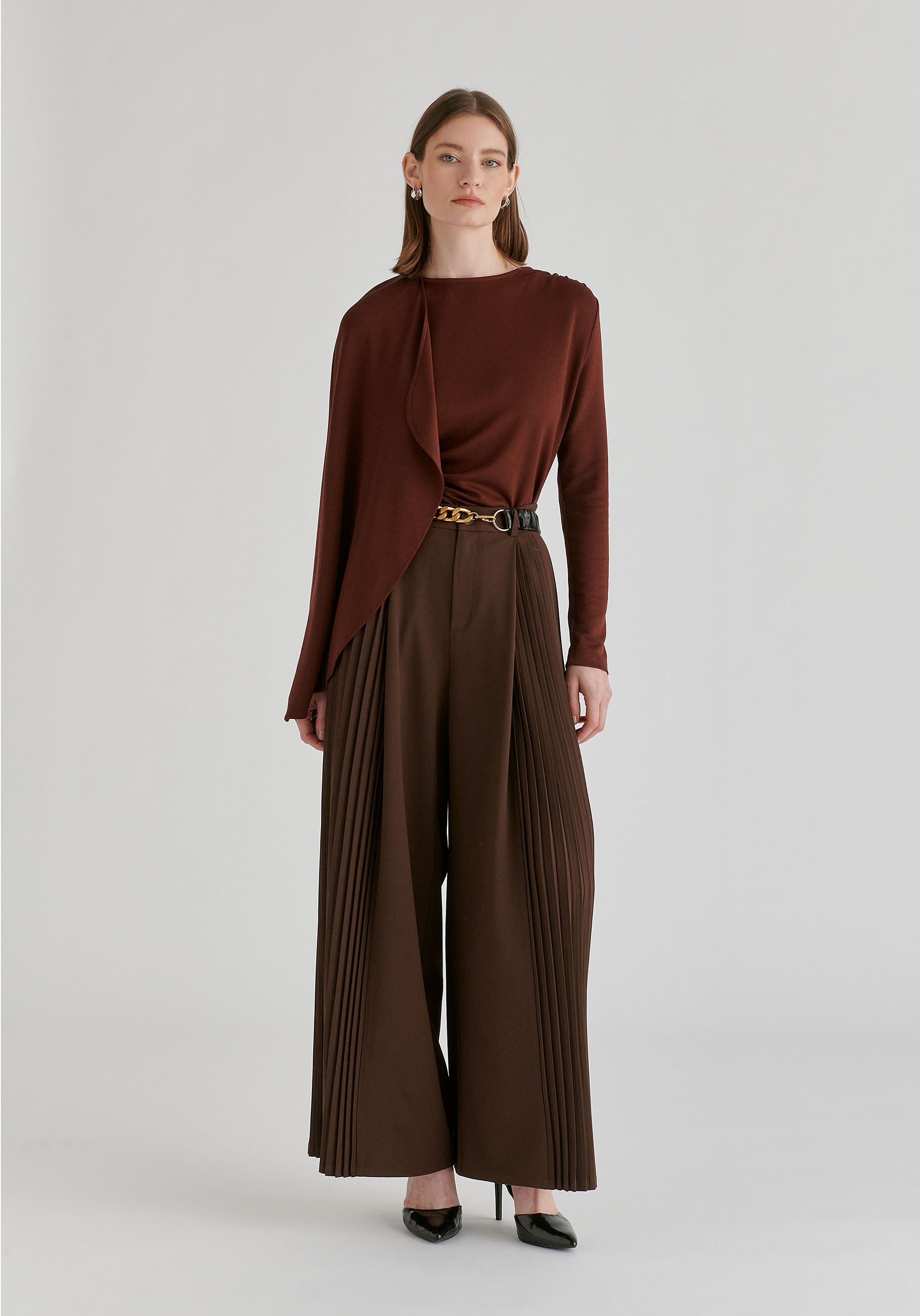 High Waisted Wide Leg Tailored Trousers with Pleated Side Panels