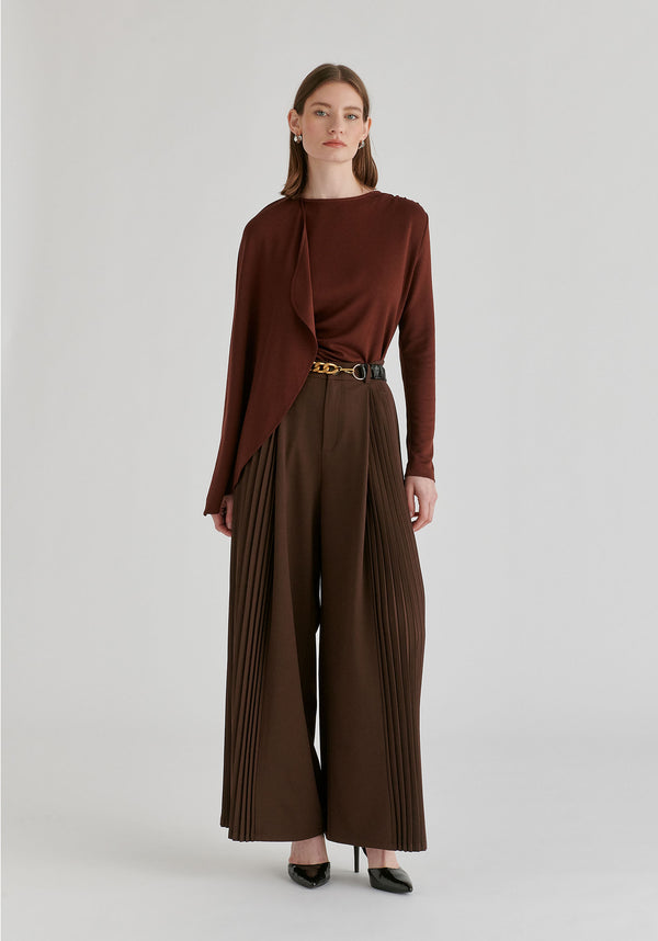 High Waisted Wide Leg Tailored Trousers with Pleated Side Panels