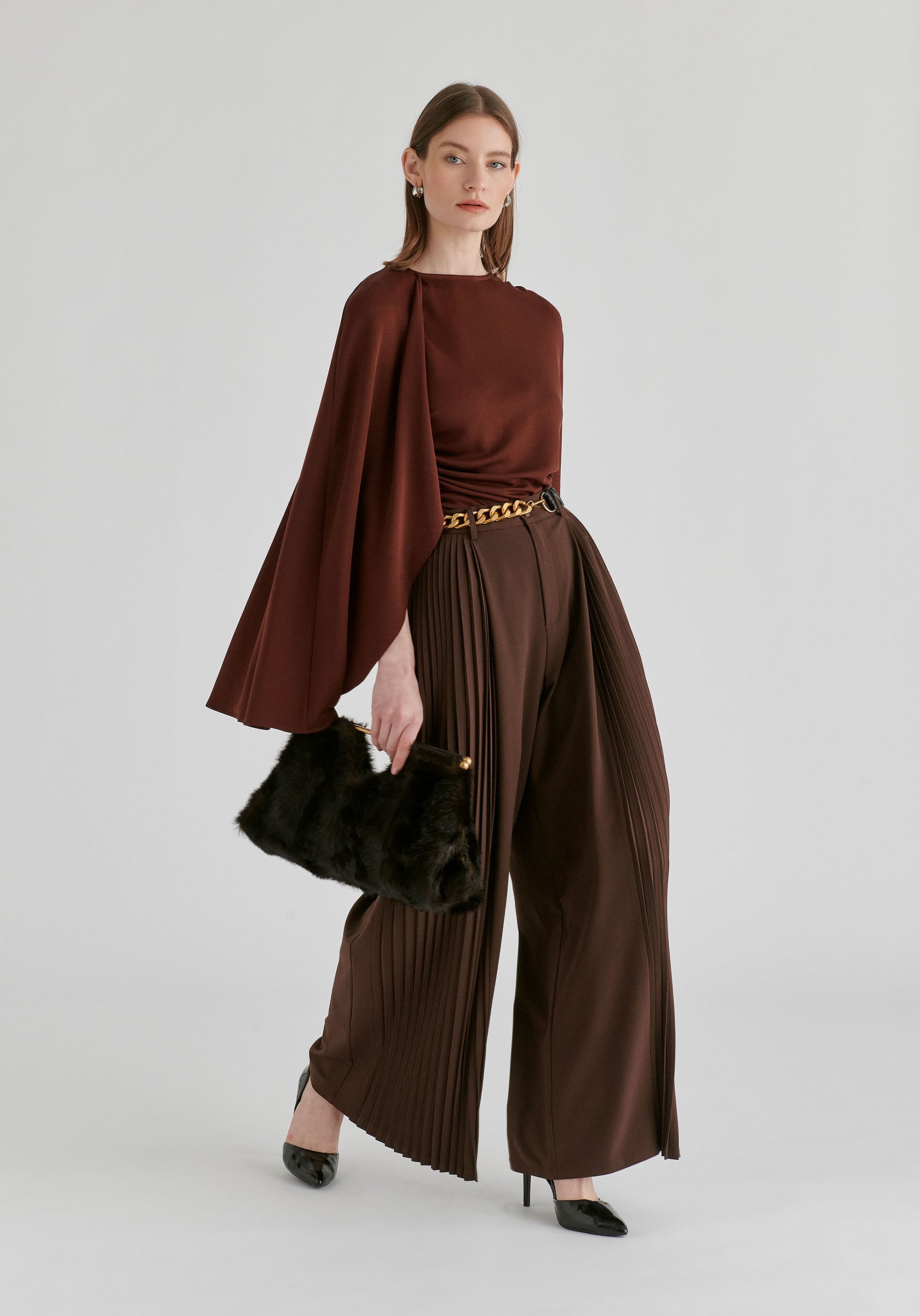 High Waisted Wide Leg Tailored Trousers with Pleated Side Panels