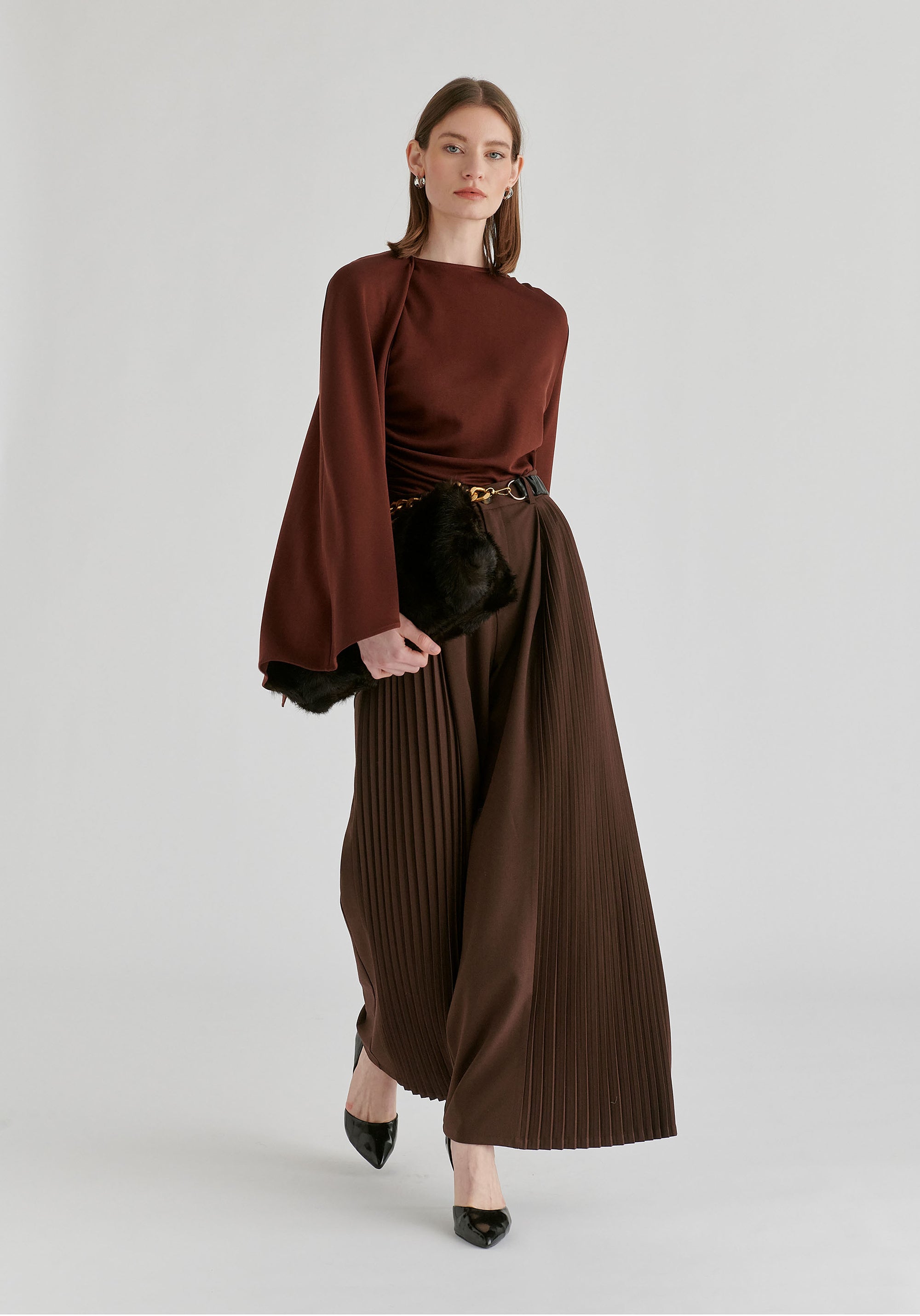 High Waisted Wide Leg Tailored Trousers with Pleated Side Panels