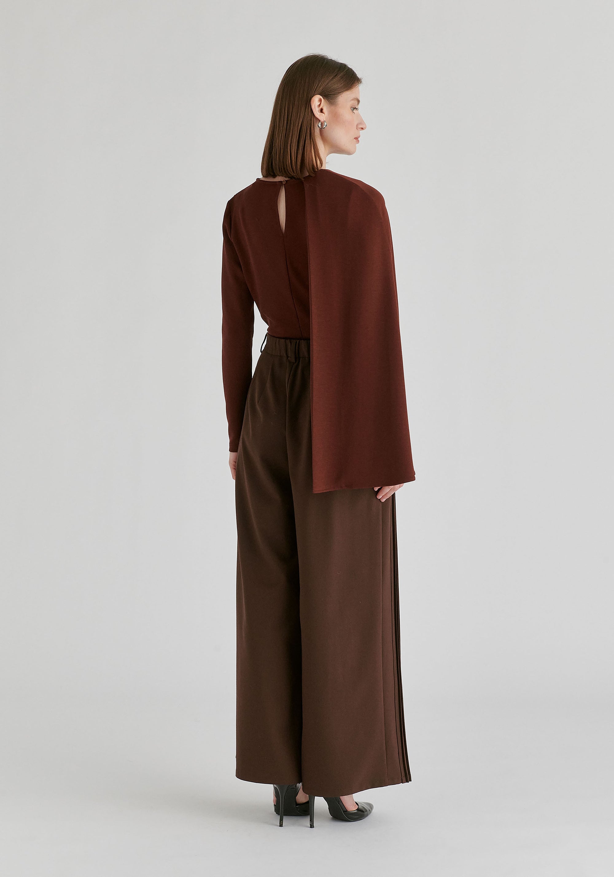 High Waisted Wide Leg Tailored Trousers with Pleated Side Panels