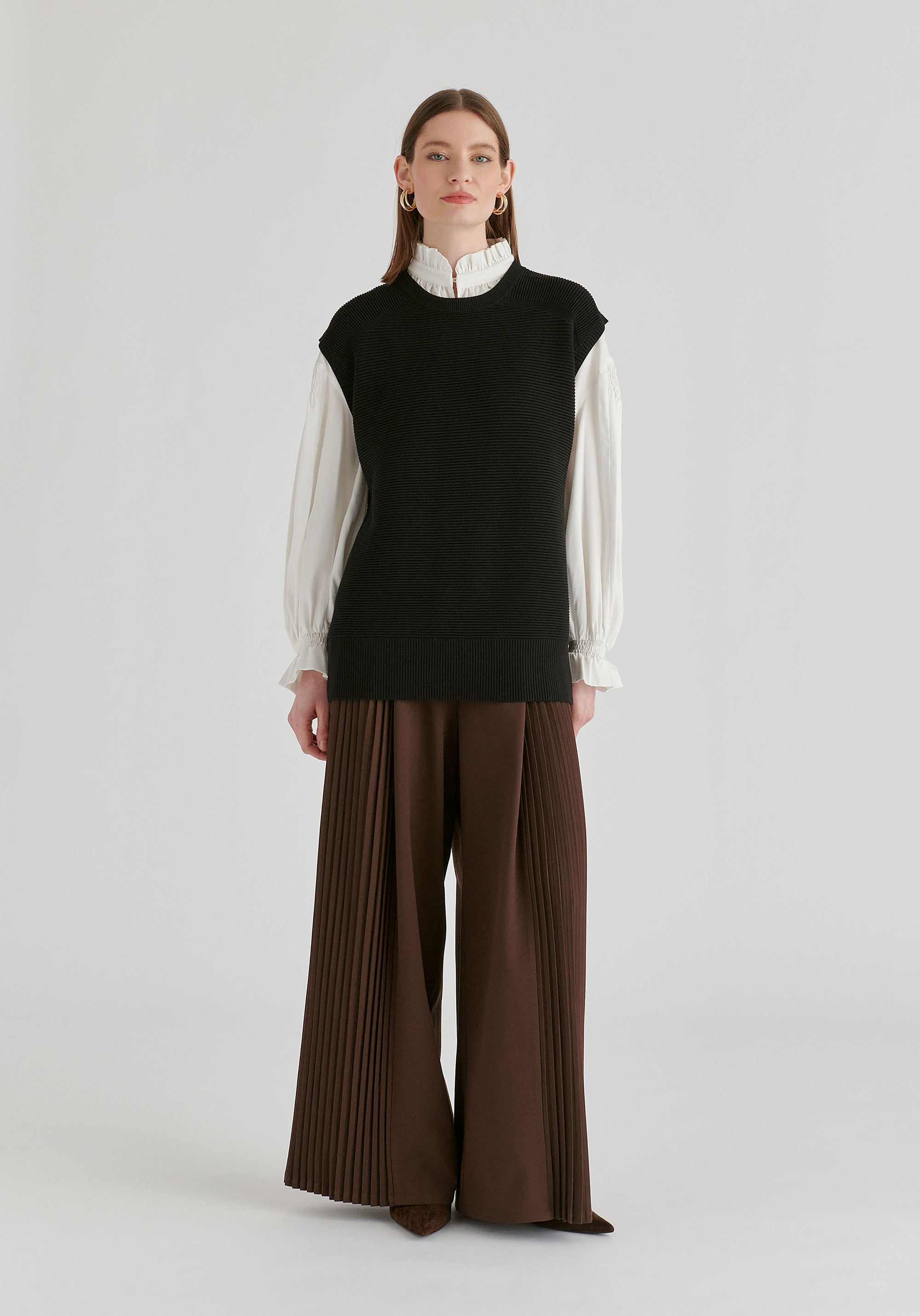 High Waisted Wide Leg Tailored Trousers with Pleated Side Panels