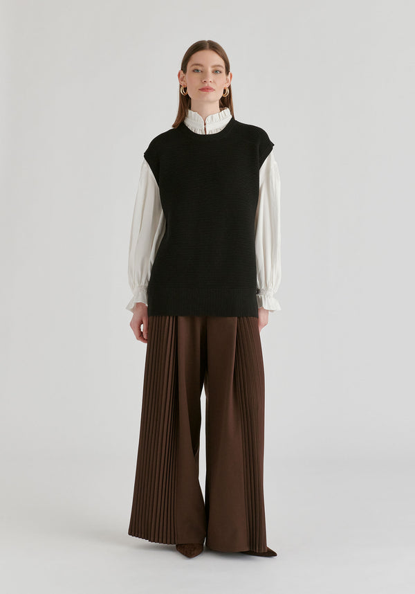 High Waisted Wide Leg Tailored Trousers with Pleated Side Panels