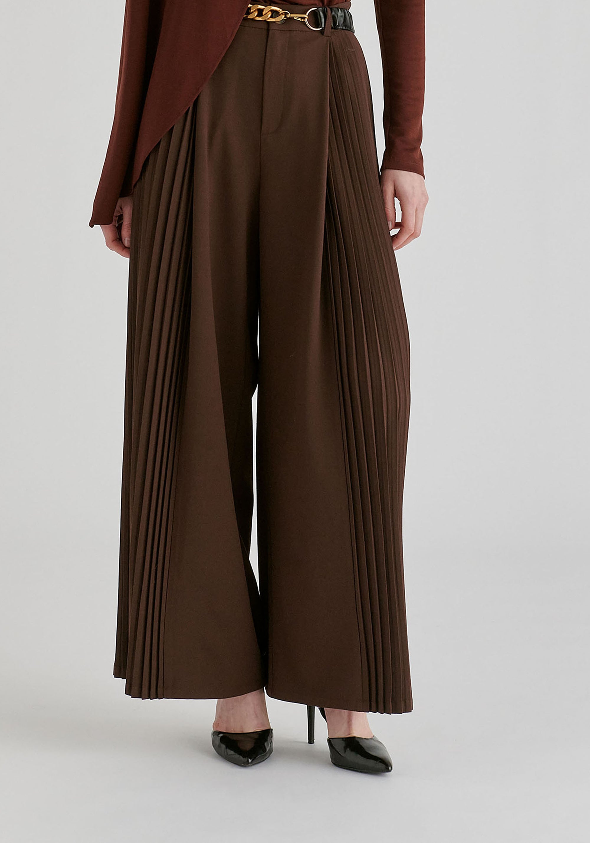 High Waisted Wide Leg Tailored Trousers with Pleated Side Panels